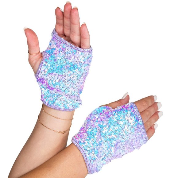 Iridescent Sequin Fingerless Gloves Lavender - Picture 1 of 3
